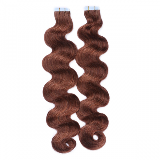 Tape Extensions #33 Rotbraun gewellt &ndash; 100 % Echthaar