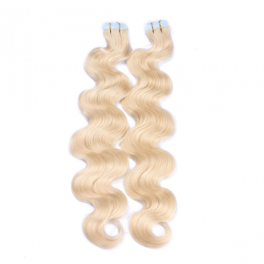 Tape Extensions #613 Helllichtblond gewellt &ndash; 100 % Echthaar