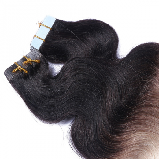 Tape Extensions #1B/GREY Ombre gewellt &ndash; 100 % Echthaar