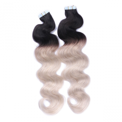 10 x Tape In - 1b/Grey Ombre - GEWELLT Hair Extensions - 2,5g - NOVON EXTENTIONS 60 cm