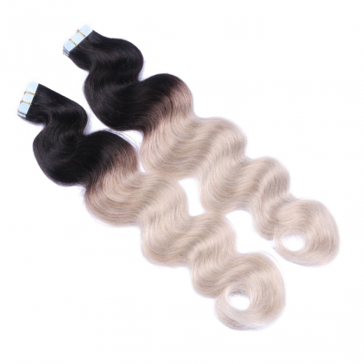 Tape Extensions #1B/GREY Ombre gewellt &ndash; 100 % Echthaar