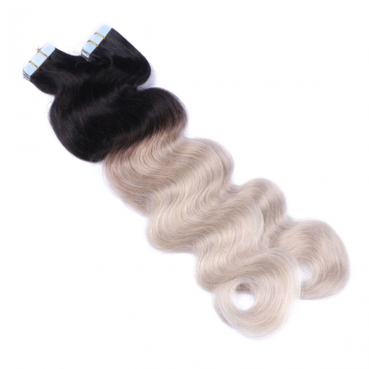 Tape Extensions #1B/GREY Ombre gewellt &ndash; 100 % Echthaar