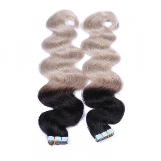 Tape Extensions #1B/GREY Ombre gewellt &ndash; 100 % Echthaar