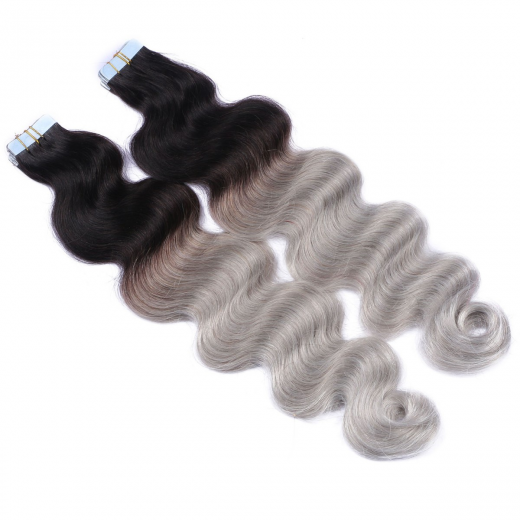 Tape Extensions #1B/SILVER Ombre gewellt &ndash; 100 % Echthaar