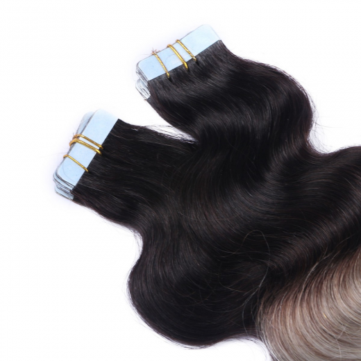 Tape Extensions #1B/SILVER Ombre gewellt &ndash; 100 % Echthaar