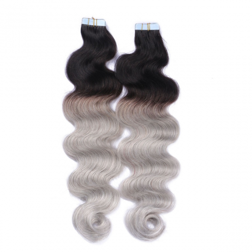 Tape Extensions #1B/SILVER Ombre gewellt &ndash; 100 % Echthaar