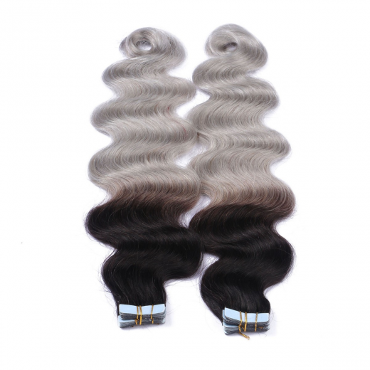 Tape Extensions #1B/SILVER Ombre gewellt &ndash; 100 % Echthaar