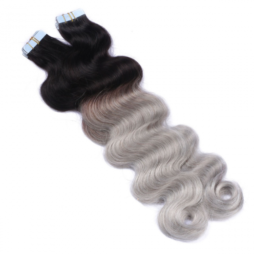 Tape Extensions #1B/SILVER Ombre gewellt &ndash; 100 % Echthaar