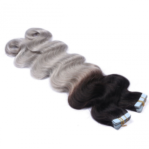 Tape Extensions #1B/SILVER Ombre gewellt &ndash; 100 % Echthaar