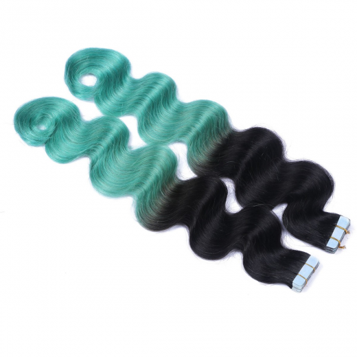 Tape Extensions #1B/SKY Ombre gewellt &ndash; 100 % Echthaar