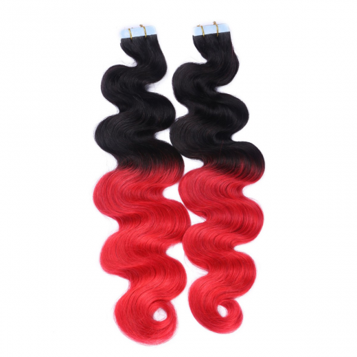 Tape Extensions #1B/RED Ombre gewellt &ndash; 100 % Echthaar