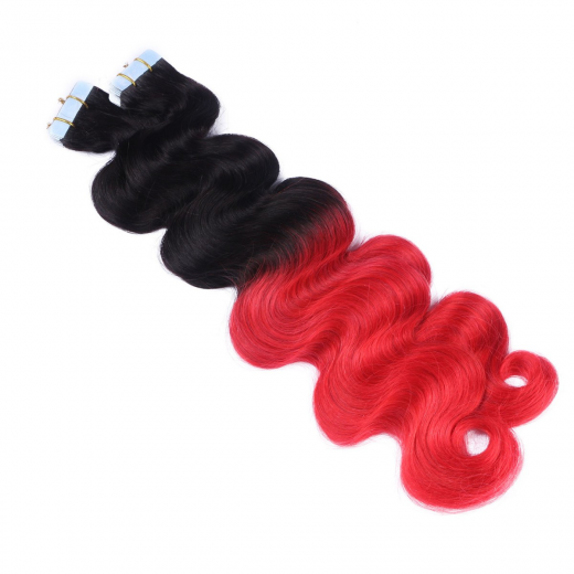 Tape Extensions #1B/RED Ombre gewellt &ndash; 100 % Echthaar