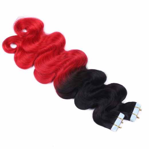 Tape Extensions #1B/RED Ombre gewellt &ndash; 100 % Echthaar