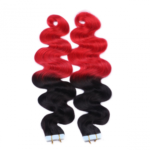 Tape Extensions #1B/RED Ombre gewellt &ndash; 100 % Echthaar