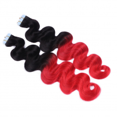 Tape Extensions #1B/RED Ombre gewellt &ndash; 100 % Echthaar