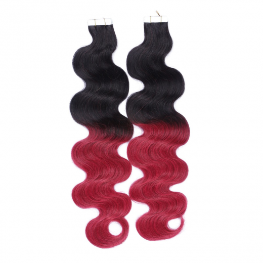 Tape Extensions #1B/BURG Ombre gewellt &ndash; 100 % Echthaar