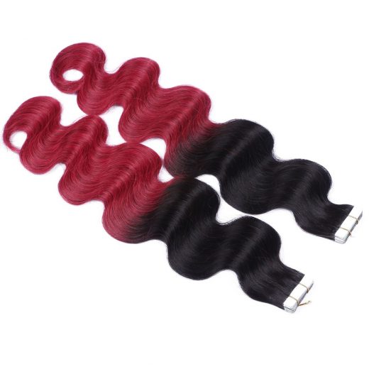 Tape Extensions #1B/BURG Ombre gewellt &ndash; 100 % Echthaar