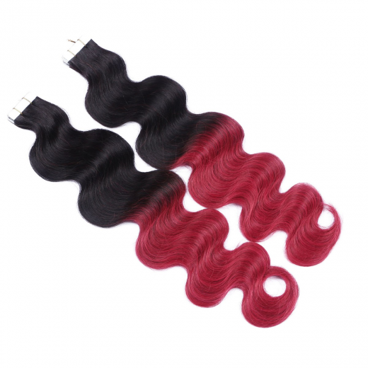Tape Extensions #1B/BURG Ombre gewellt &ndash; 100 % Echthaar