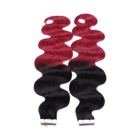 Tape Extensions #1B/BURG Ombre gewellt &ndash; 100 % Echthaar