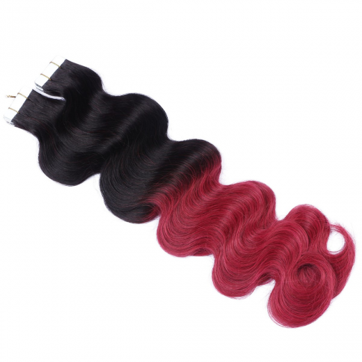 Tape Extensions #1B/BURG Ombre gewellt &ndash; 100 % Echthaar