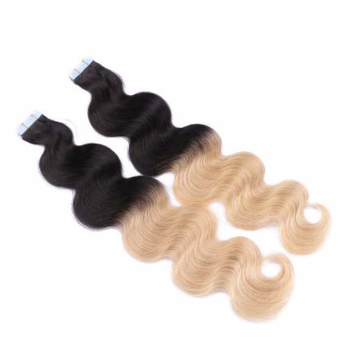 Tape Extensions #1B/24 Ombre gewellt &ndash; 100 % Echthaar