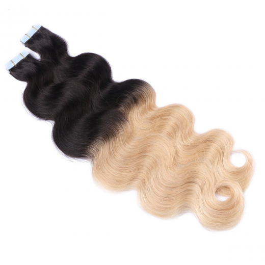 Tape Extensions #1B/24 Ombre gewellt &ndash; 100 % Echthaar