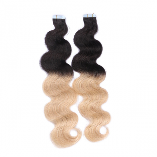 Tape Extensions #1B/24 Ombre gewellt &ndash; 100 % Echthaar