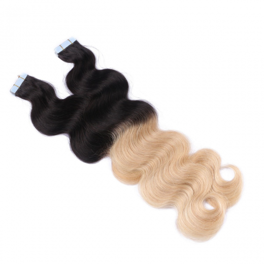 Tape Extensions #1B/24 Ombre gewellt &ndash; 100 % Echthaar