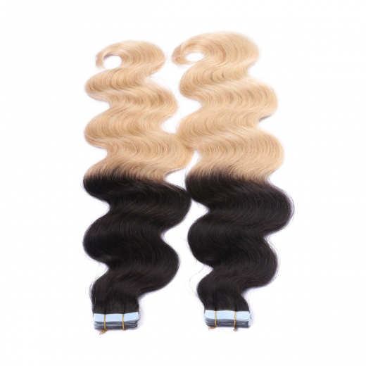 Tape Extensions #1B/24 Ombre gewellt &ndash; 100 % Echthaar