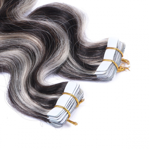 10 x Tape In - 1b/Grey Gestrhnt - GEWELLT Hair Extensions - 2,5g - NOVON EXTENTIONS 60 cm