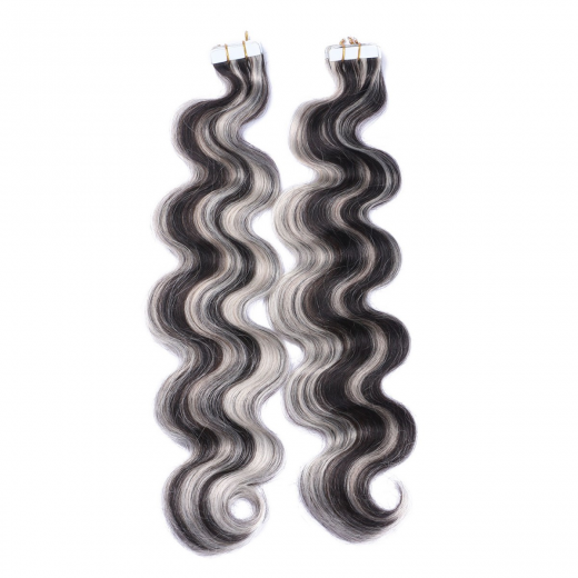 10 x Tape In - 1b/Grey Gestrhnt - GEWELLT Hair Extensions - 2,5g - NOVON EXTENTIONS 60 cm