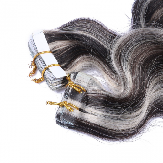 10 x Tape In - 1b/Grey Gestrhnt - GEWELLT Hair Extensions - 2,5g - NOVON EXTENTIONS 60 cm